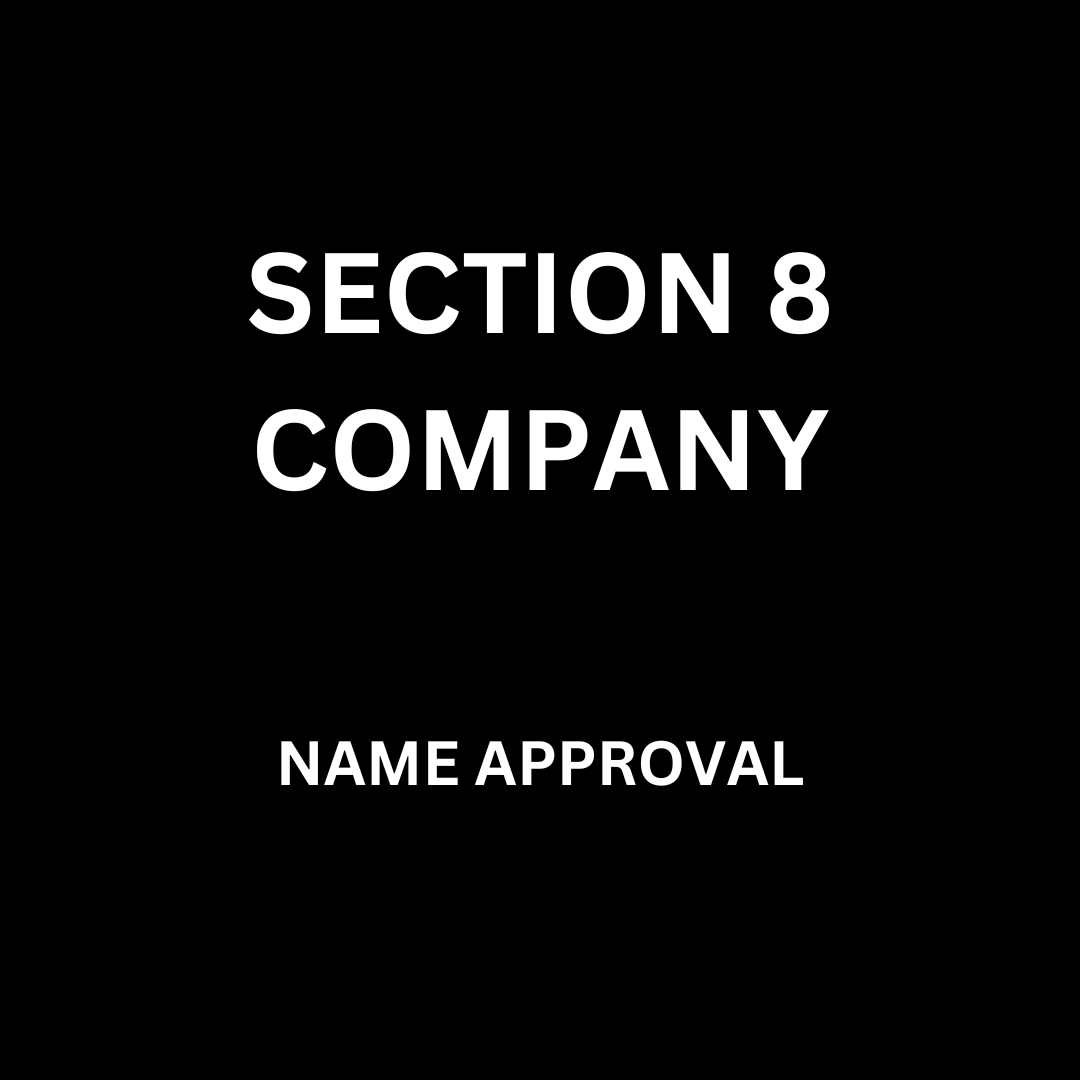 Section 8 company name approval document with official seal, symbolizing legal compliance and charitable objectives.